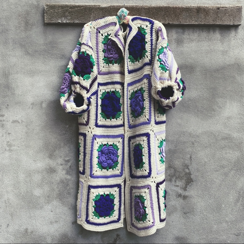 Vintage Granny Square Afghan Duster w/ 3D Roses